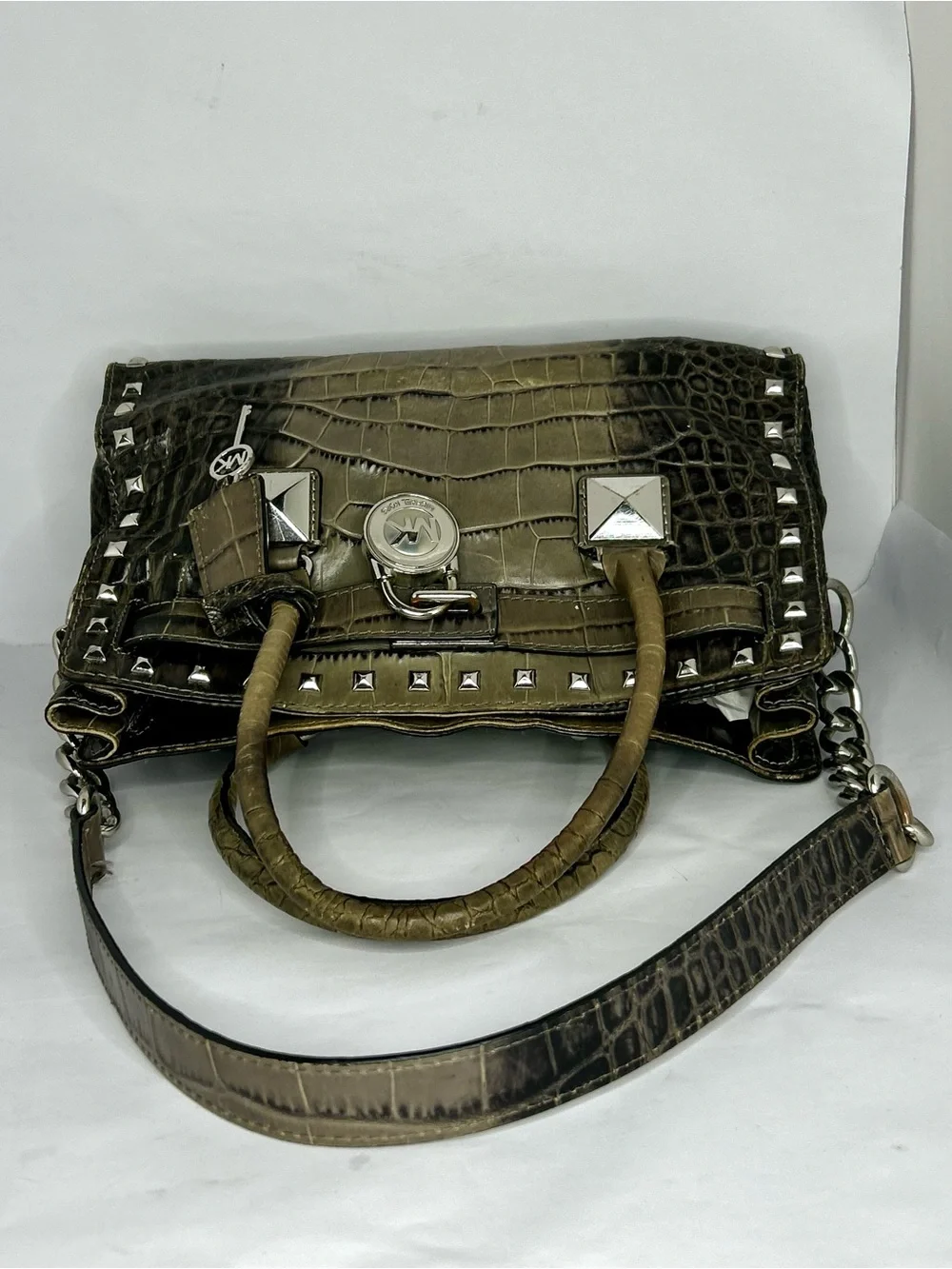 Michael Kors Hamilton Studded Ombre Gray Crocodile Croc Leather Purse Satchel